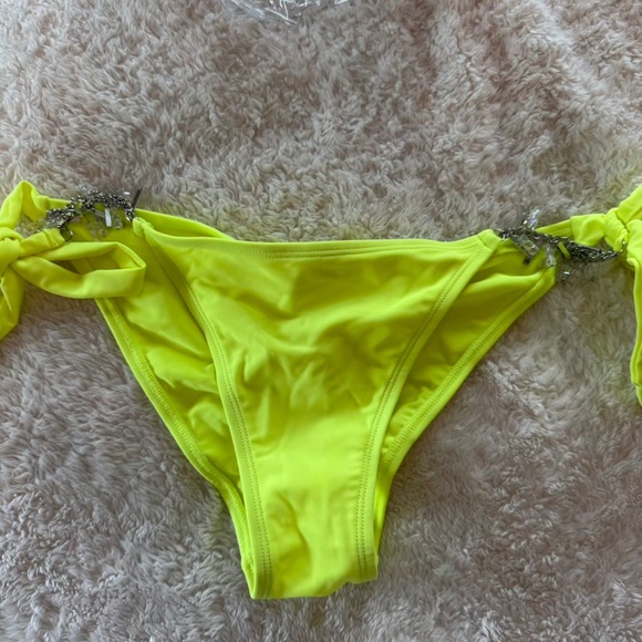 Bahimi Neon Yellow Dimonte Bikini Bottoms Runched Bum Embellished MEDIUM - Picture 1 of 7